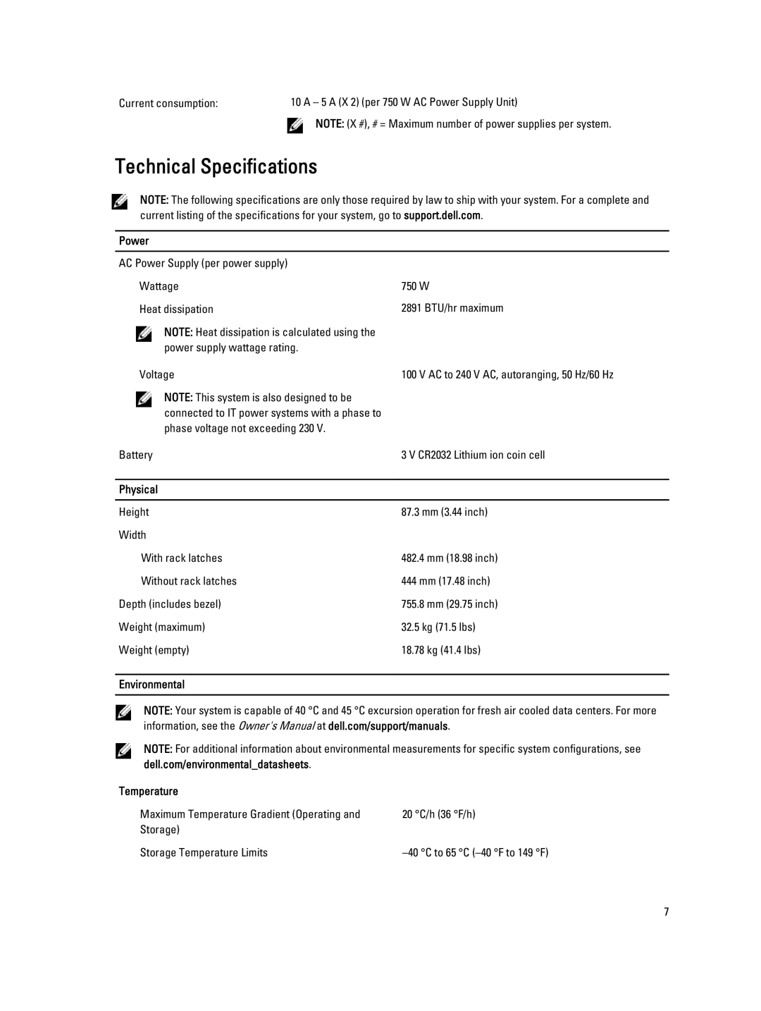 Dell DL2300 manual Technical Specifications, Power, Physical, Environmental Temperature 