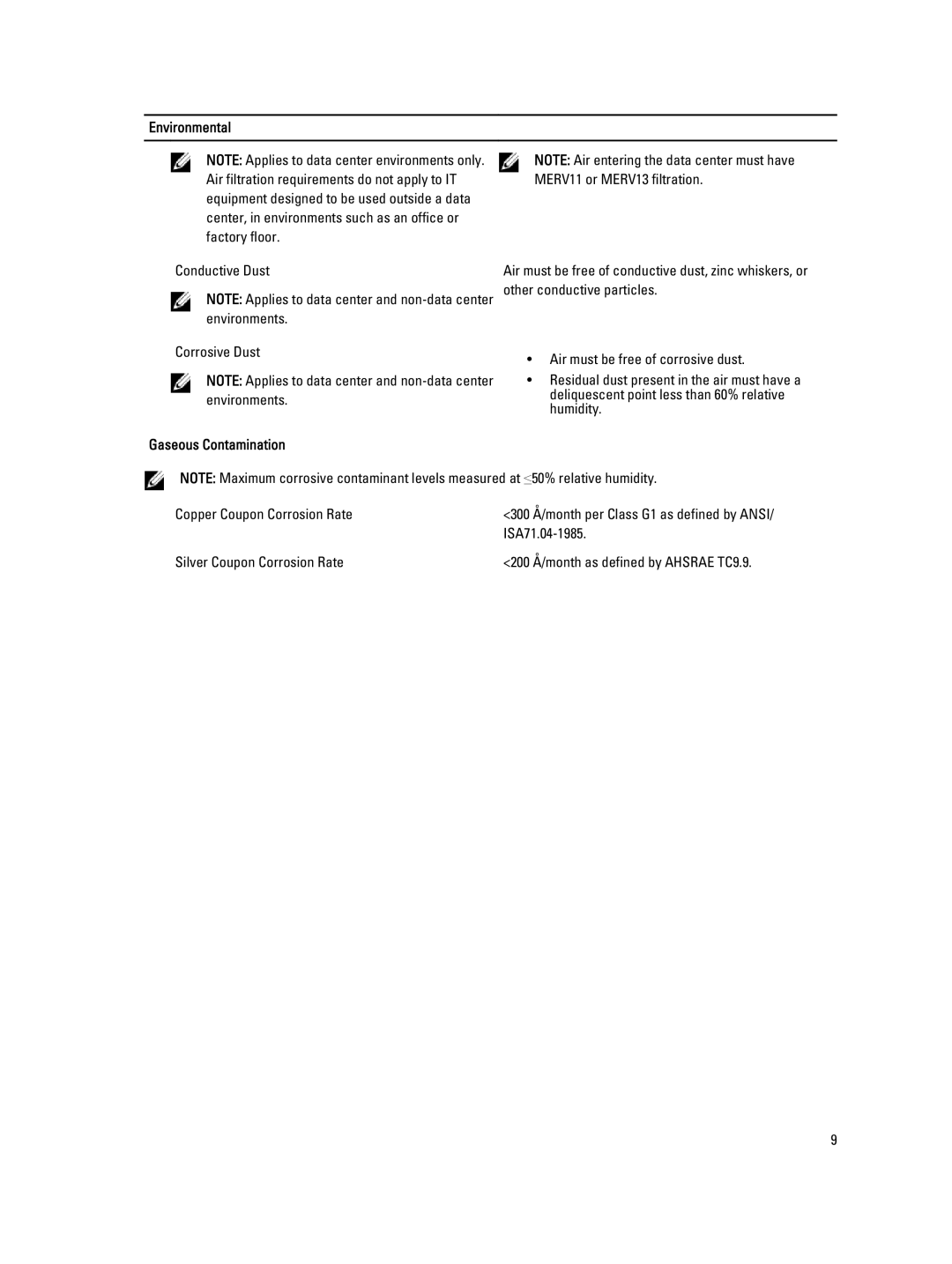 Dell DL2300 manual Environmental, Gaseous Contamination 