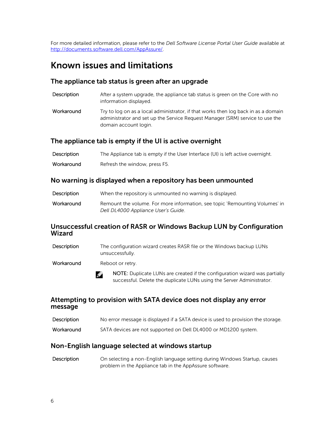 Dell DL4000 manual Known issues and limitations, Appliance tab status is green after an upgrade 