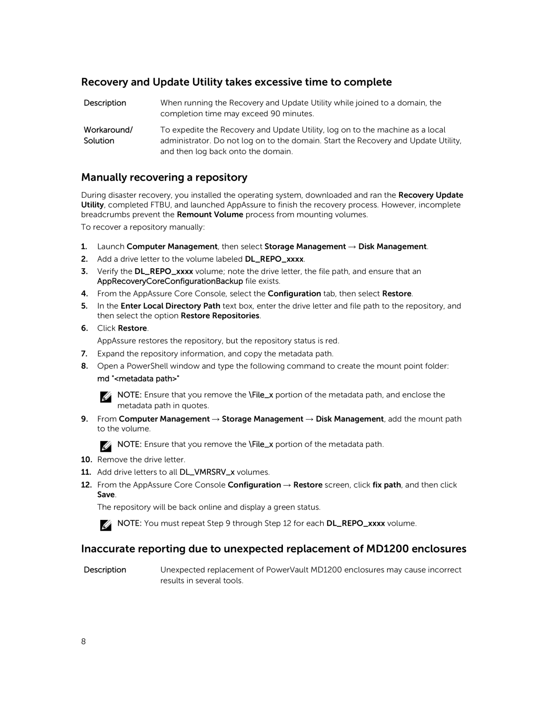 Dell DL4000 manual Recovery and Update Utility takes excessive time to complete, Manually recovering a repository 