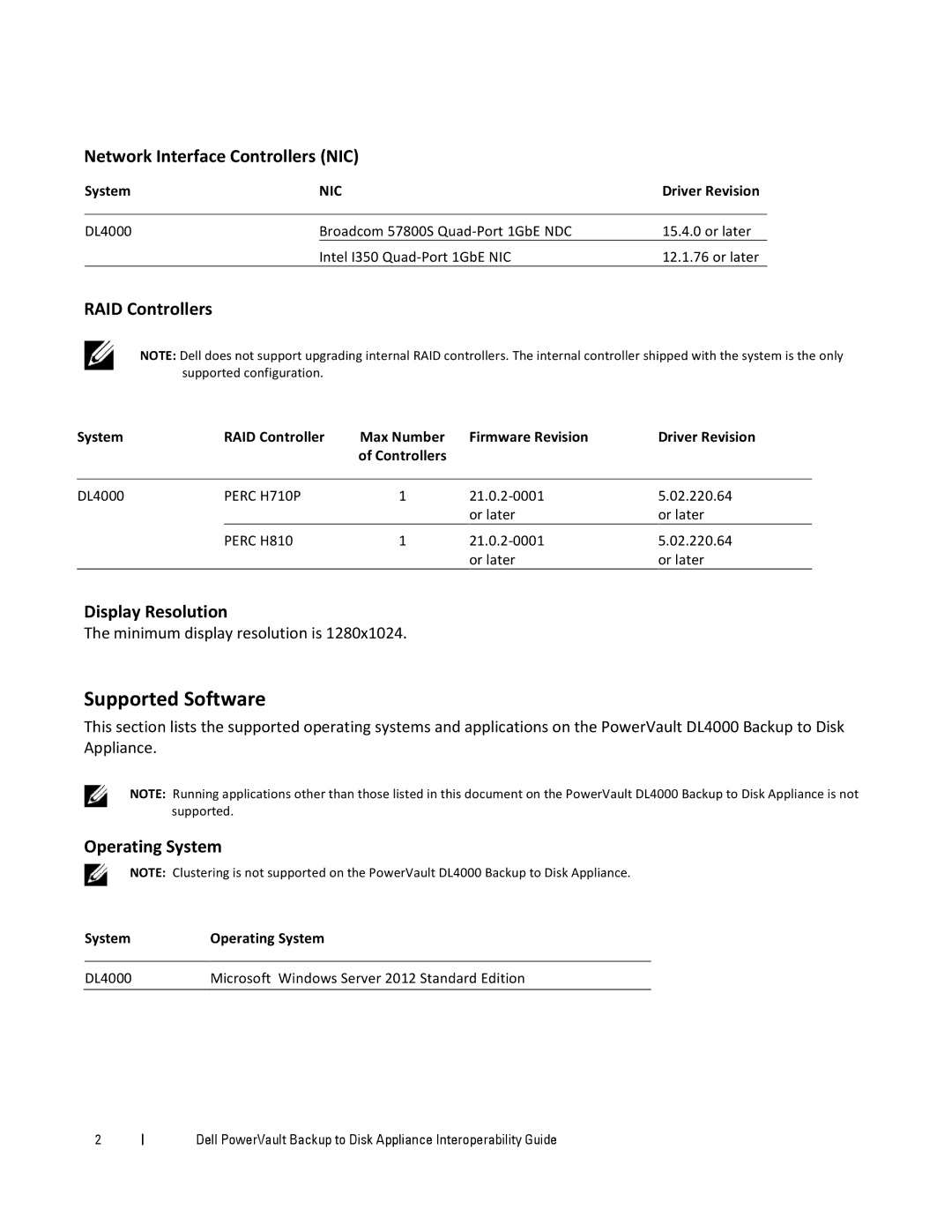 Dell DL4000 Supported Software, Network Interface Controllers NIC, RAID Controllers, Display Resolution, Operating System 