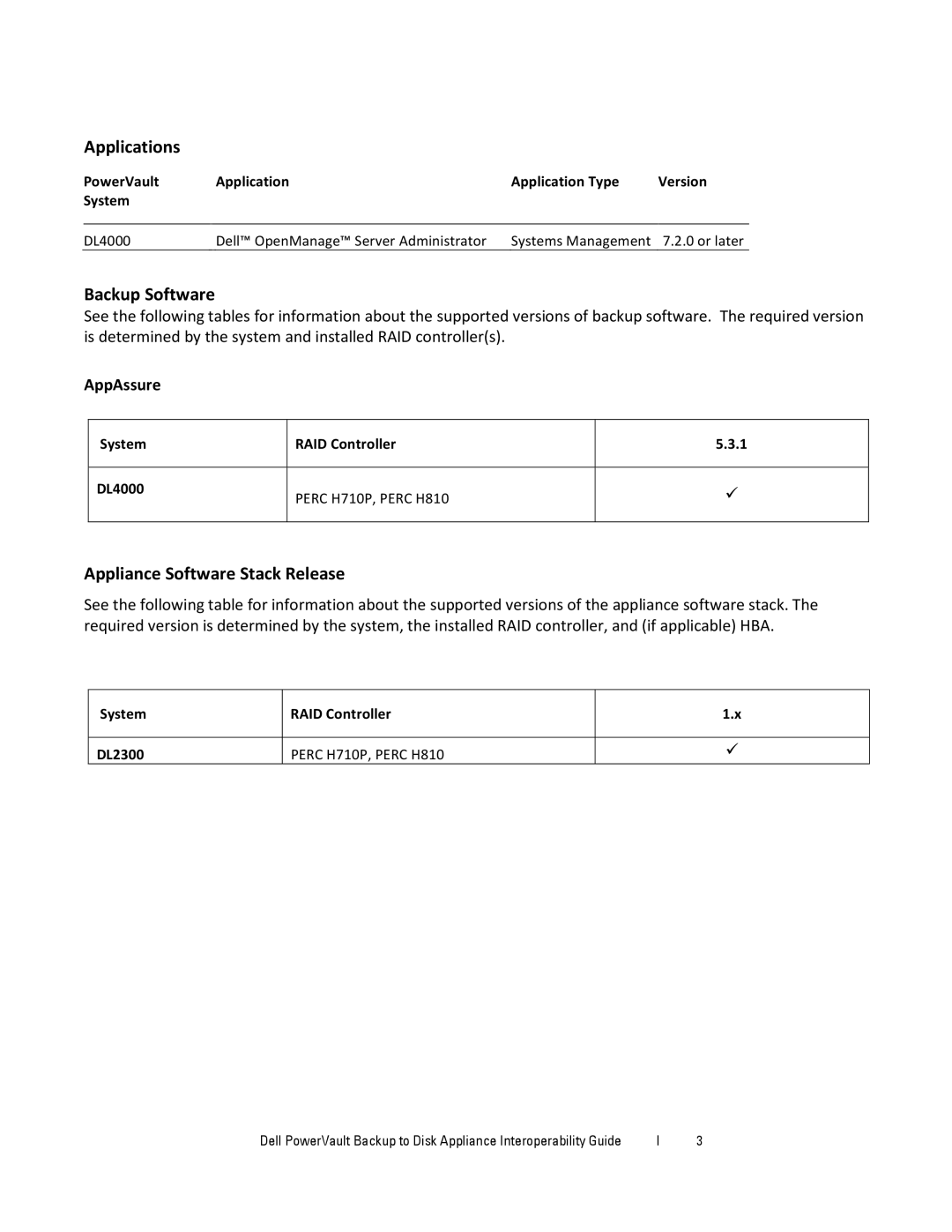 Dell DL4000 manual Applications, Backup Software, Appliance Software Stack Release, Perc H710P, Perc H810 