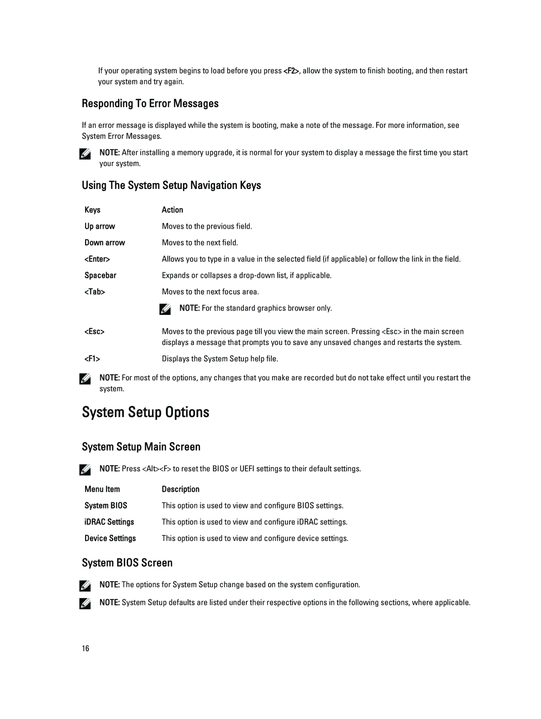 Dell DL4000 System Setup Options, Responding To Error Messages, Using The System Setup Navigation Keys, System Bios Screen 