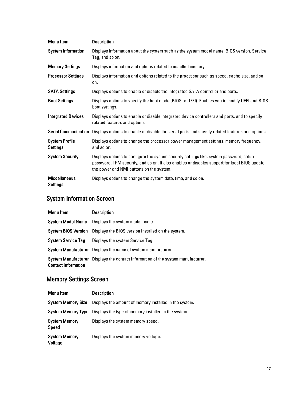 Dell DL4000 owner manual System Information Screen, Memory Settings Screen 