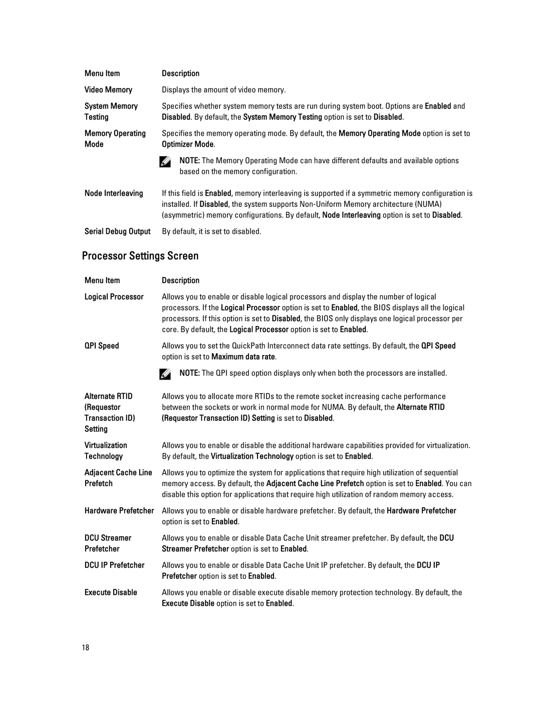 Dell DL4000 owner manual Processor Settings Screen 