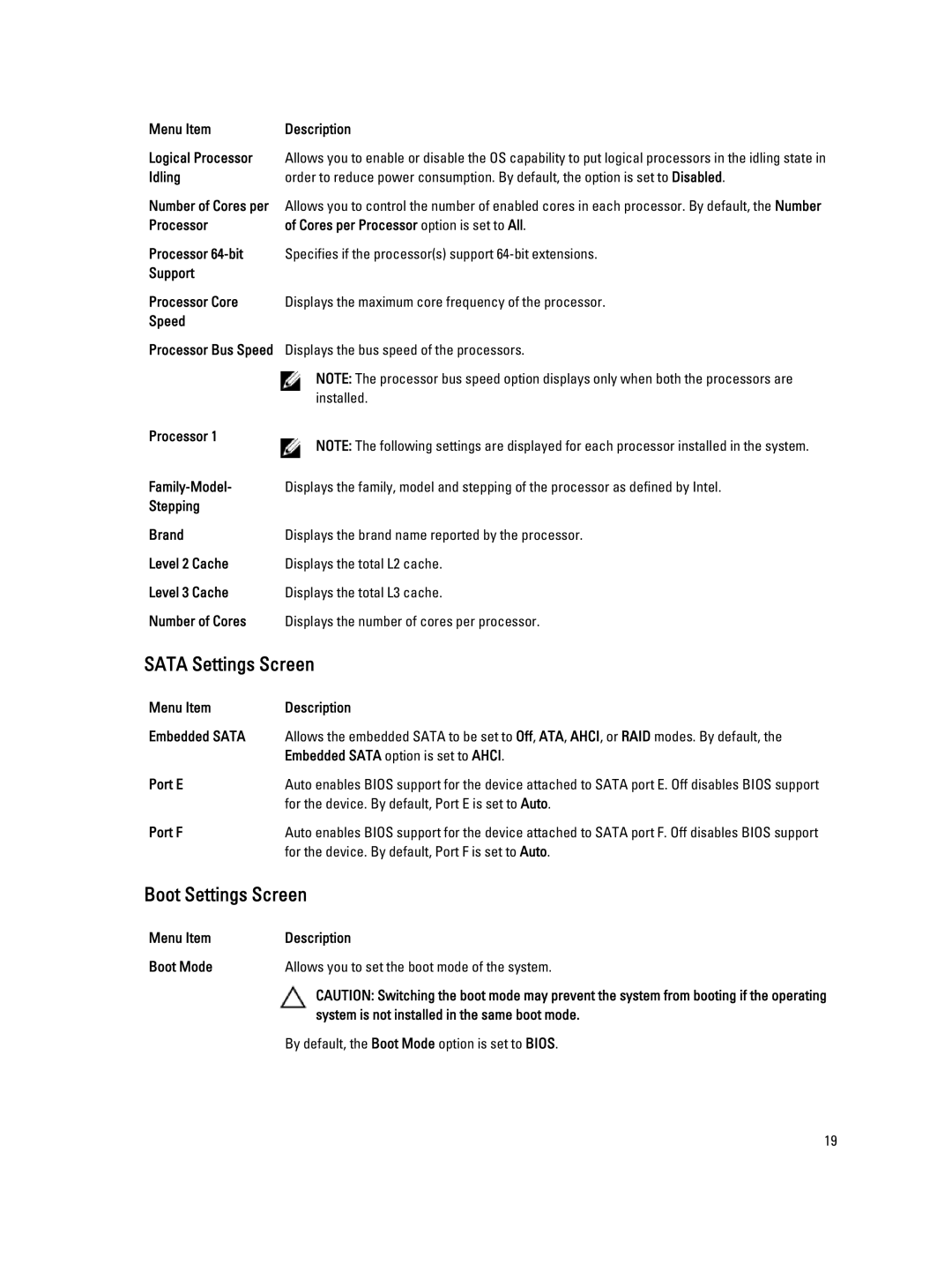 Dell DL4000 owner manual Sata Settings Screen, Boot Settings Screen 