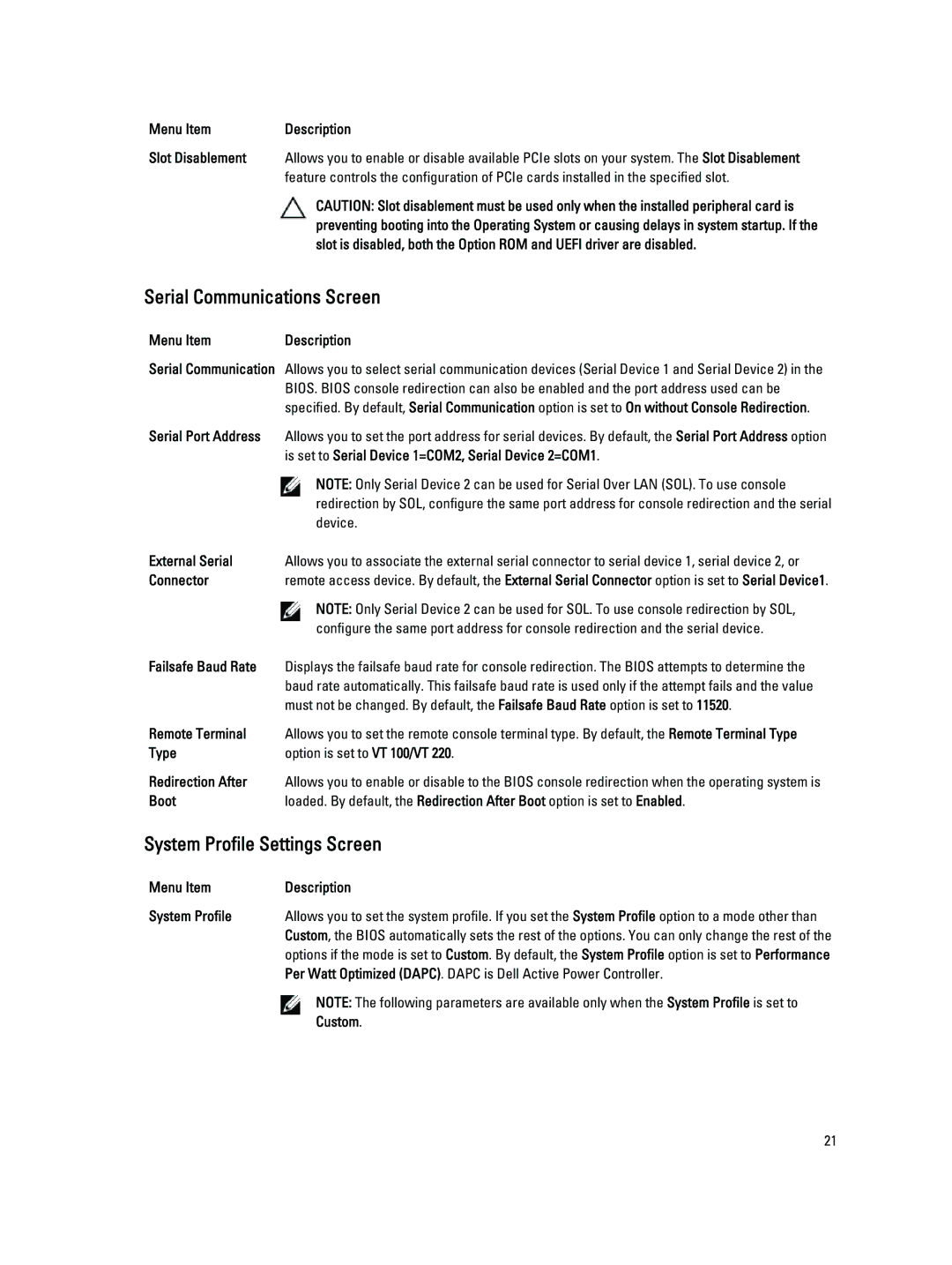 Dell DL4000 owner manual Serial Communications Screen, System Profile Settings Screen 