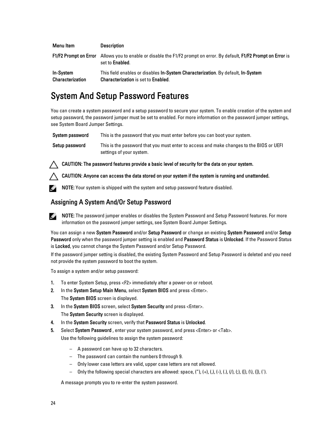 Dell DL4000 owner manual System And Setup Password Features, Assigning a System And/Or Setup Password, Set to Enabled 