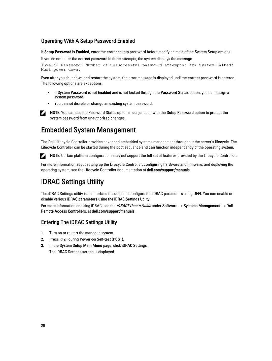 Dell DL4000 owner manual Embedded System Management, IDRAC Settings Utility, Operating With a Setup Password Enabled 