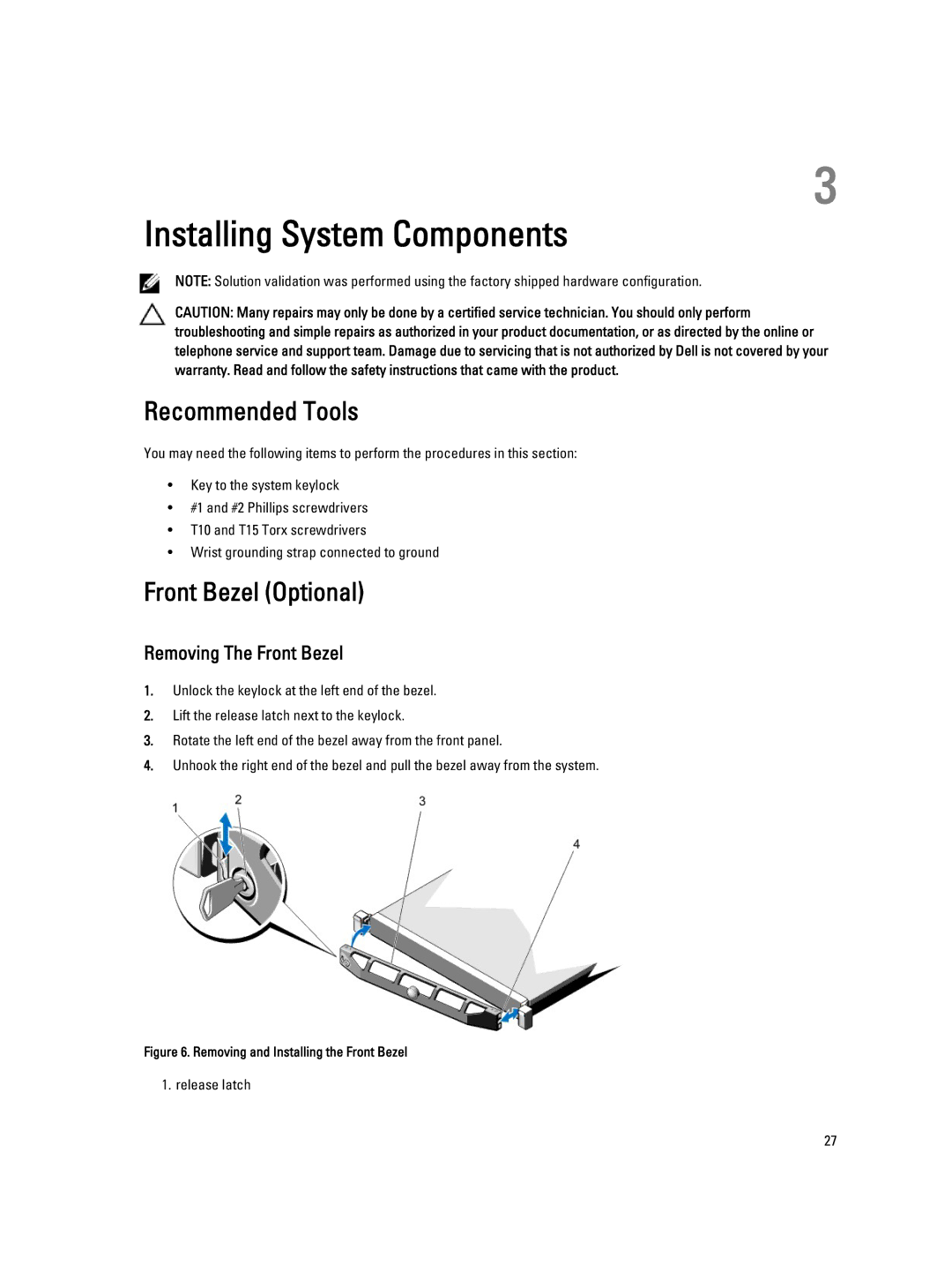 Dell DL4000 owner manual Recommended Tools, Front Bezel Optional, Removing The Front Bezel 