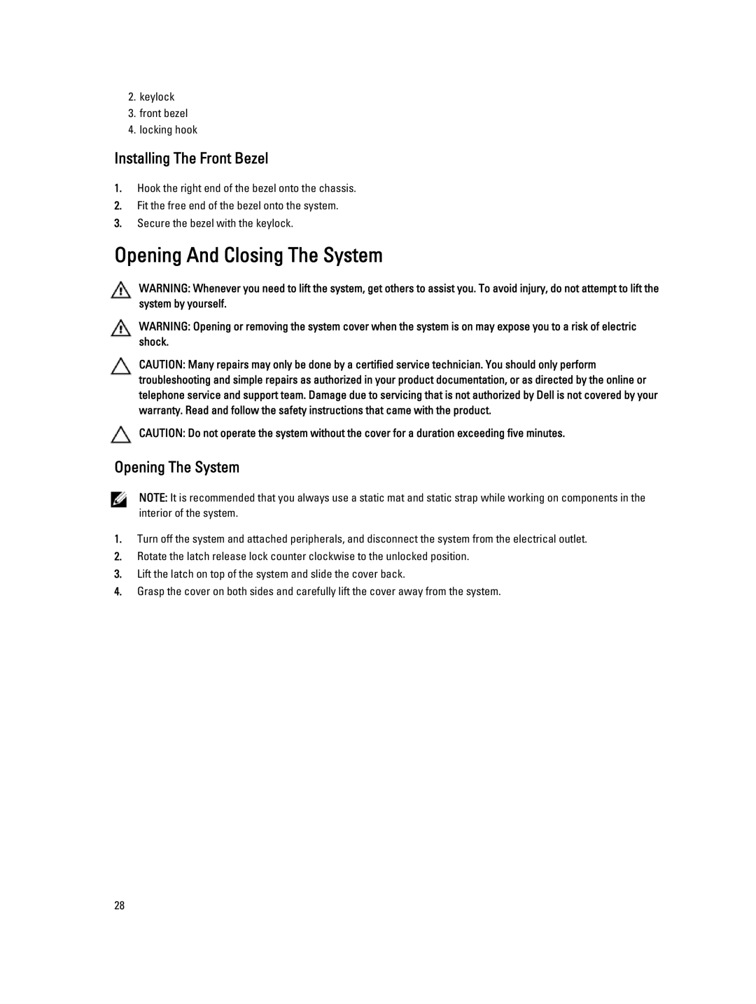 Dell DL4000 owner manual Opening And Closing The System, Installing The Front Bezel, Opening The System 