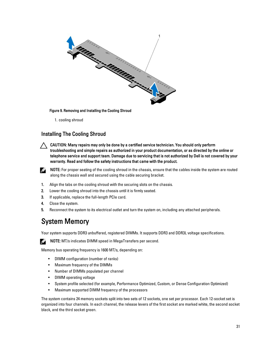 Dell DL4000 owner manual System Memory, Installing The Cooling Shroud 