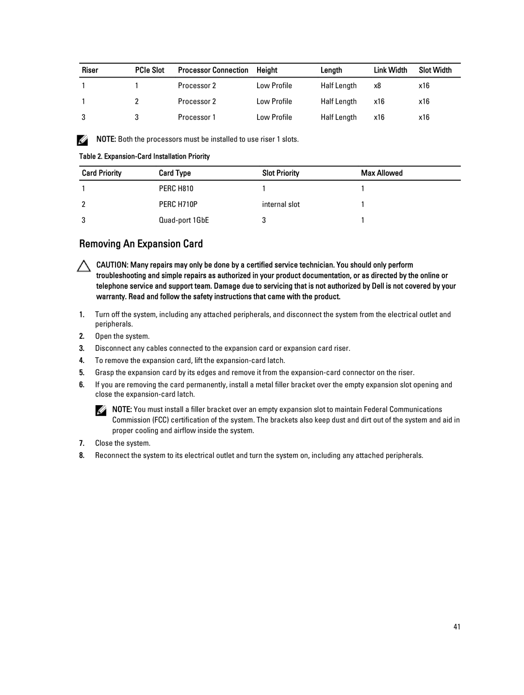 Dell DL4000 owner manual Removing An Expansion Card, Riser PCIe Slot, Height Length Link Width Slot Width 