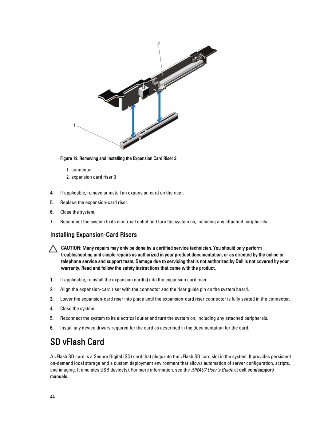 Dell DL4000 owner manual SD vFlash Card, Installing Expansion-Card Risers 