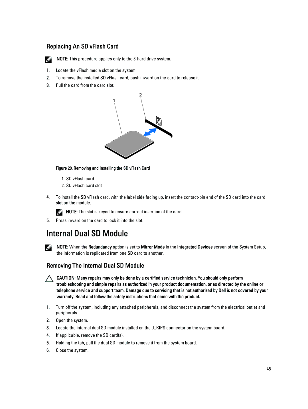 Dell DL4000 owner manual Replacing An SD vFlash Card, Removing The Internal Dual SD Module 