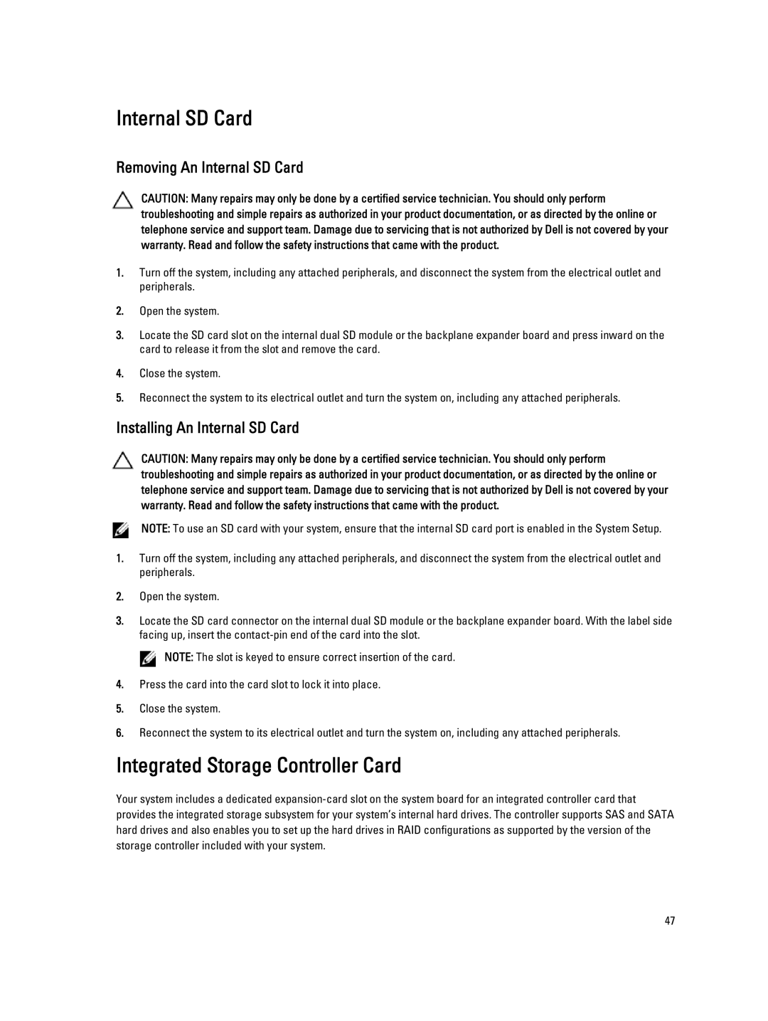 Dell DL4000 Integrated Storage Controller Card, Removing An Internal SD Card, Installing An Internal SD Card 