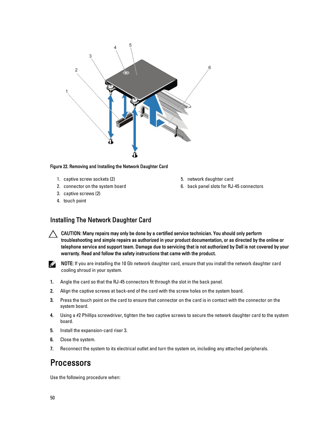 Dell DL4000 owner manual Processors, Installing The Network Daughter Card 