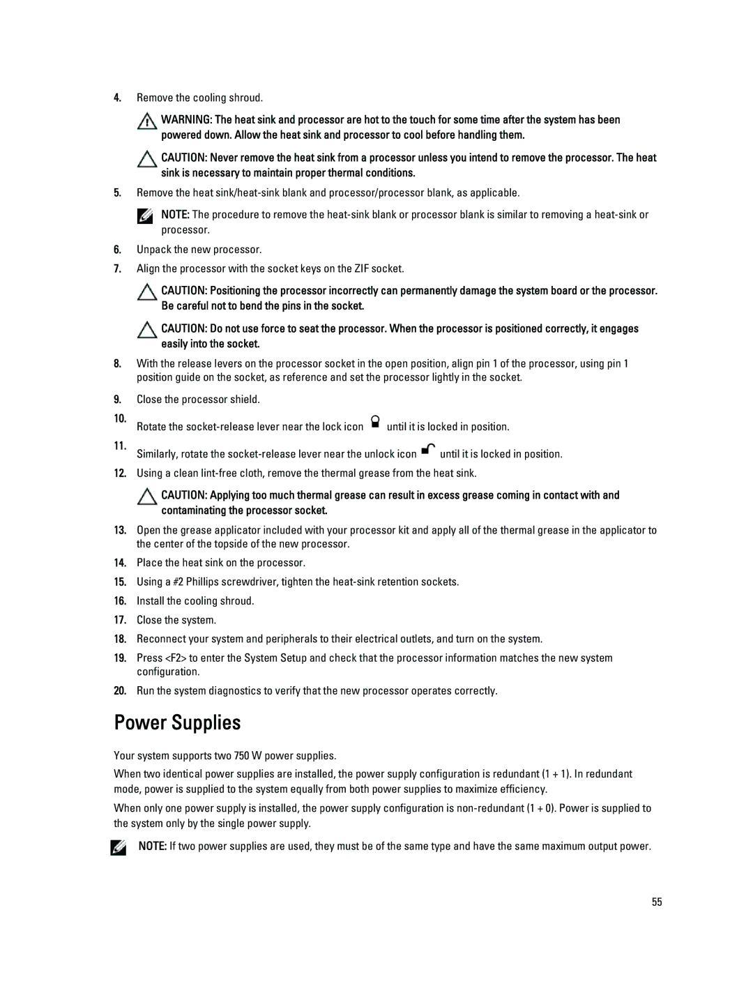 Dell DL4000 owner manual Power Supplies, Your system supports two 750 W power supplies 