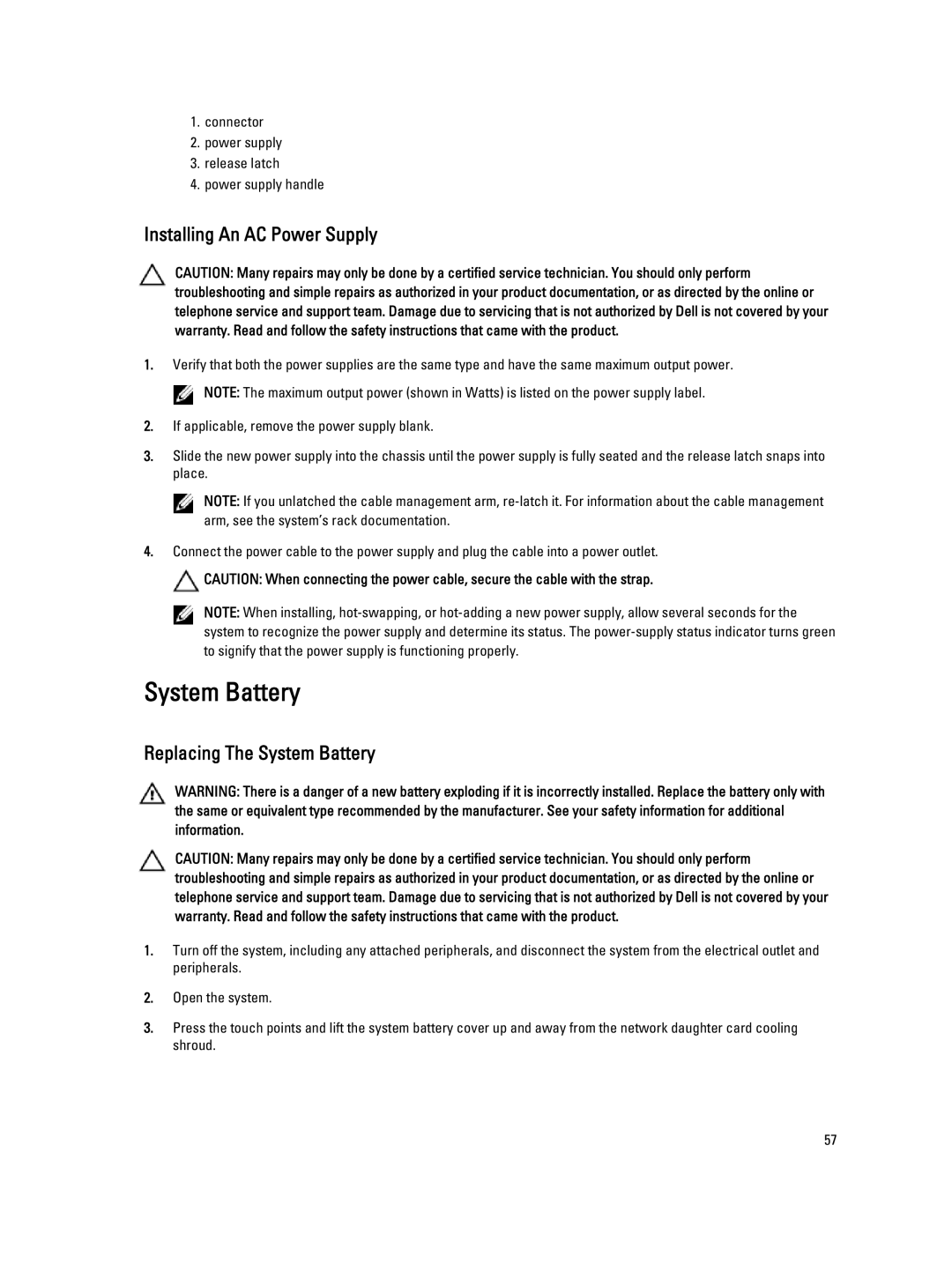 Dell DL4000 owner manual Installing An AC Power Supply, Replacing The System Battery 