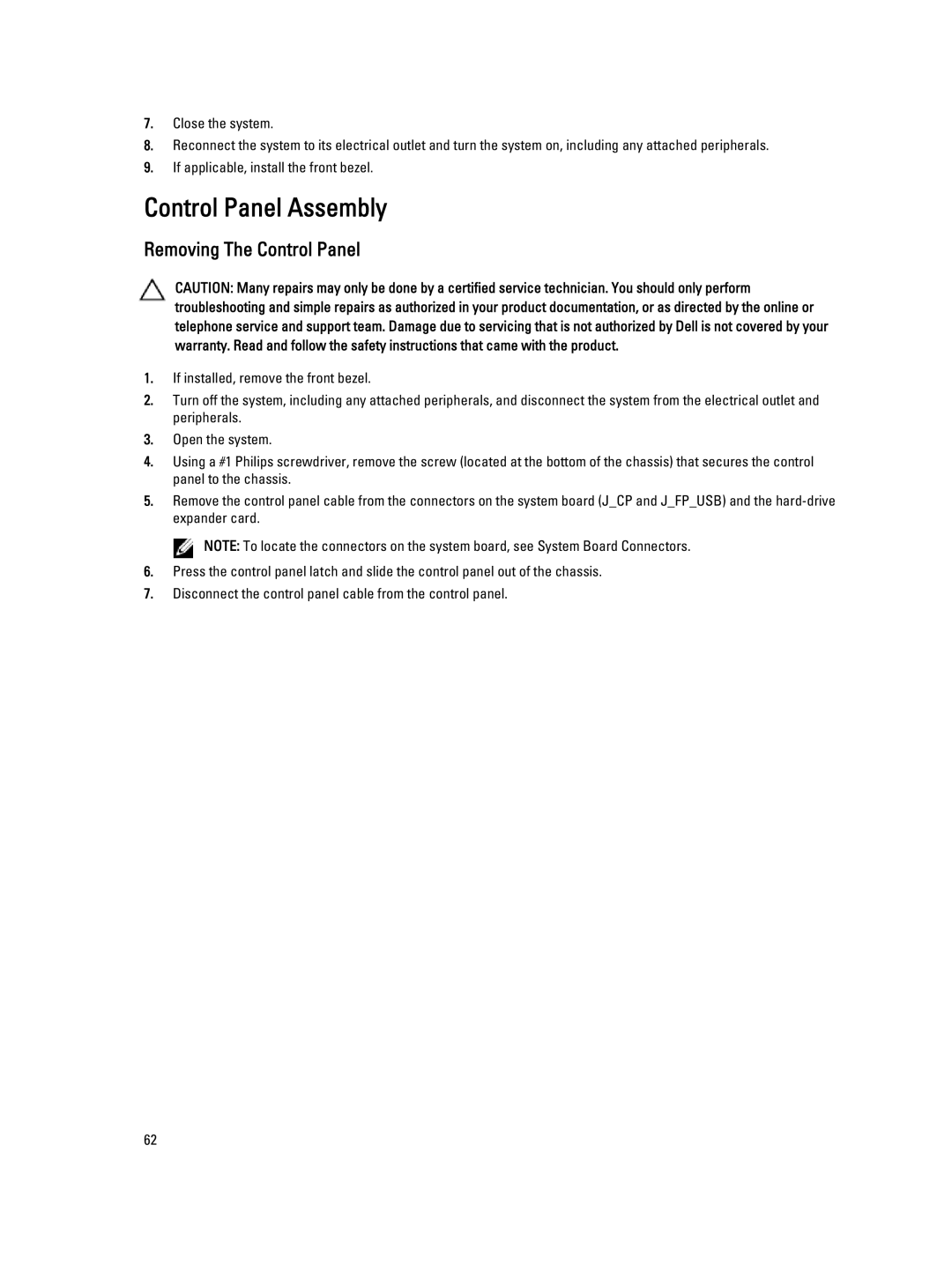 Dell DL4000 owner manual Control Panel Assembly, Removing The Control Panel 