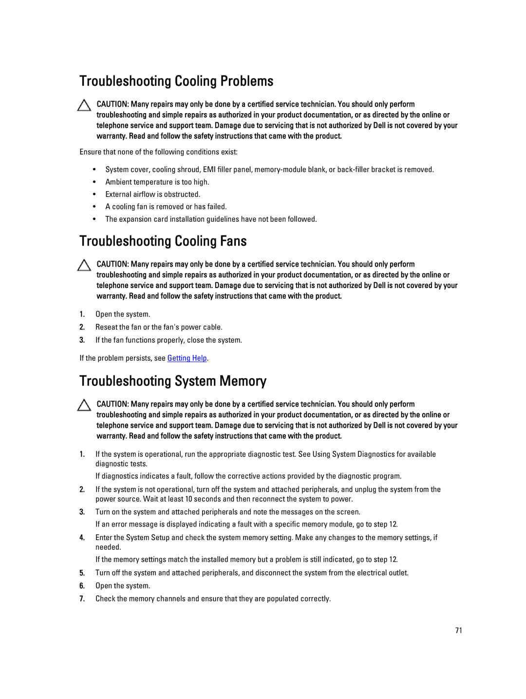 Dell DL4000 owner manual Troubleshooting Cooling Problems, Troubleshooting Cooling Fans, Troubleshooting System Memory 