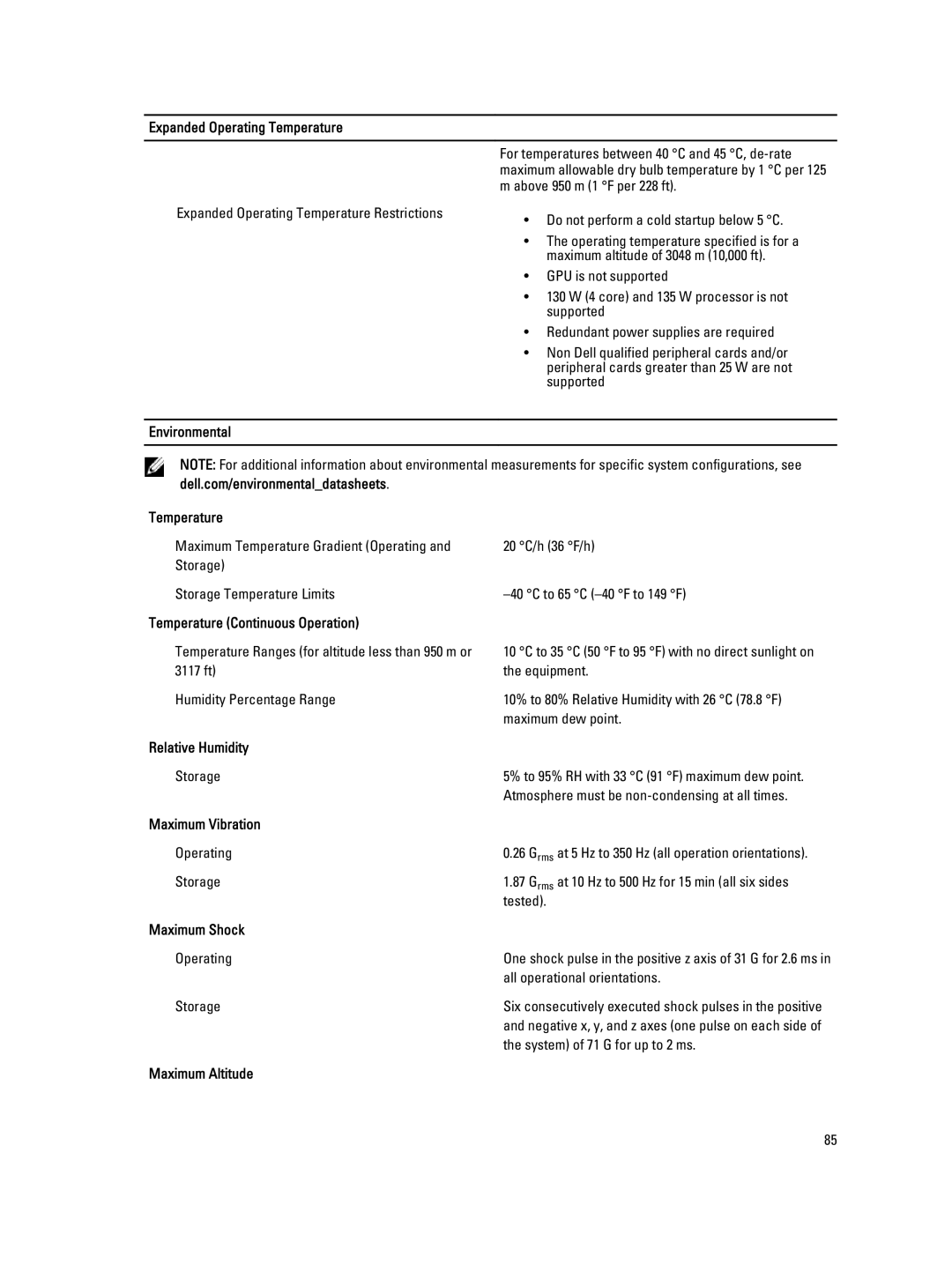 Dell DL4000 owner manual Environmental Temperature, Temperature Continuous Operation, Relative Humidity, Maximum Vibration 