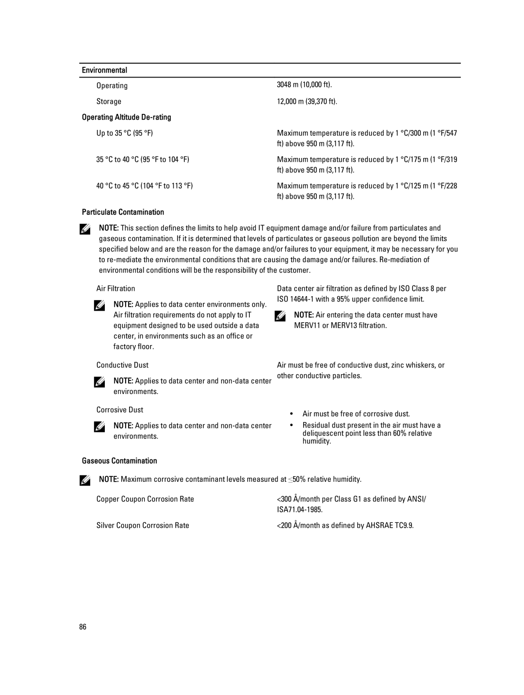 Dell DL4000 owner manual Environmental, Operating Altitude De-rating, Particulate Contamination, Gaseous Contamination 