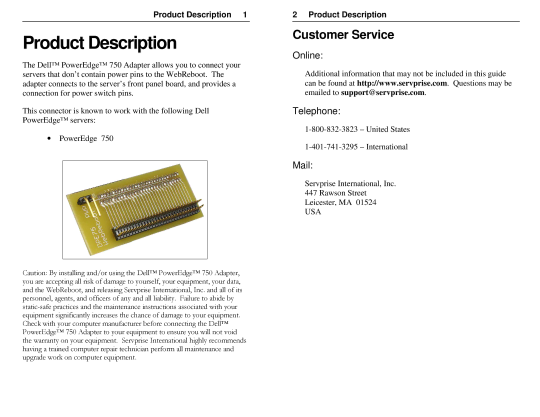 Dell DPE750 manual Product Description, Customer Service 