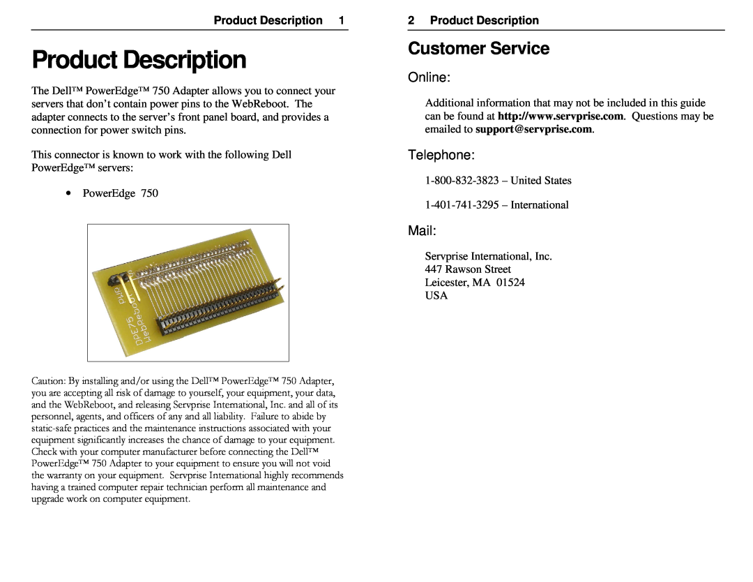 Dell DPE750 manual Product Description, Customer Service, Online, Telephone, Mail 