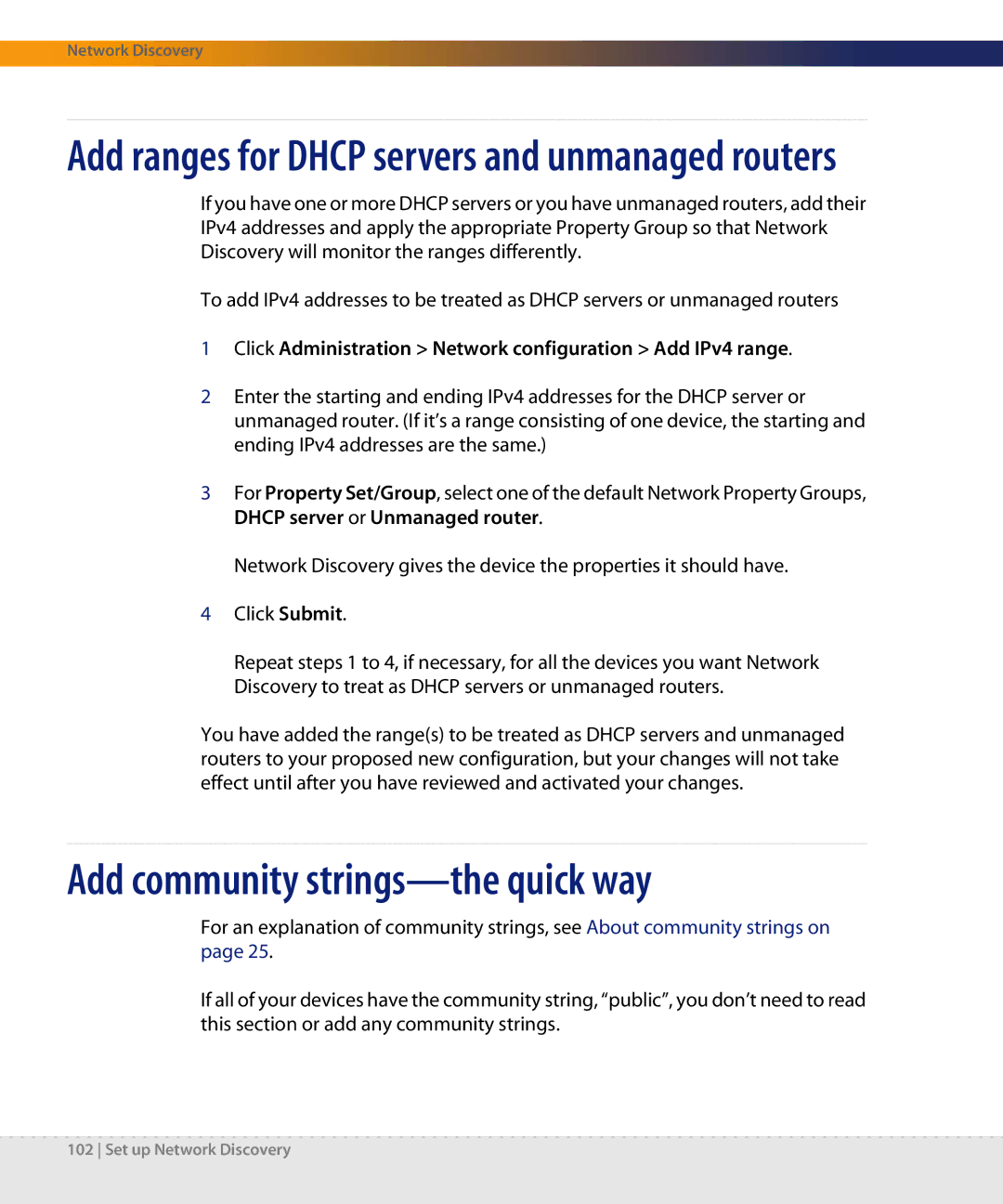 Dell DPND-523-EN12 manual Add community strings-the quick way, Add ranges for Dhcp servers and unmanaged routers 