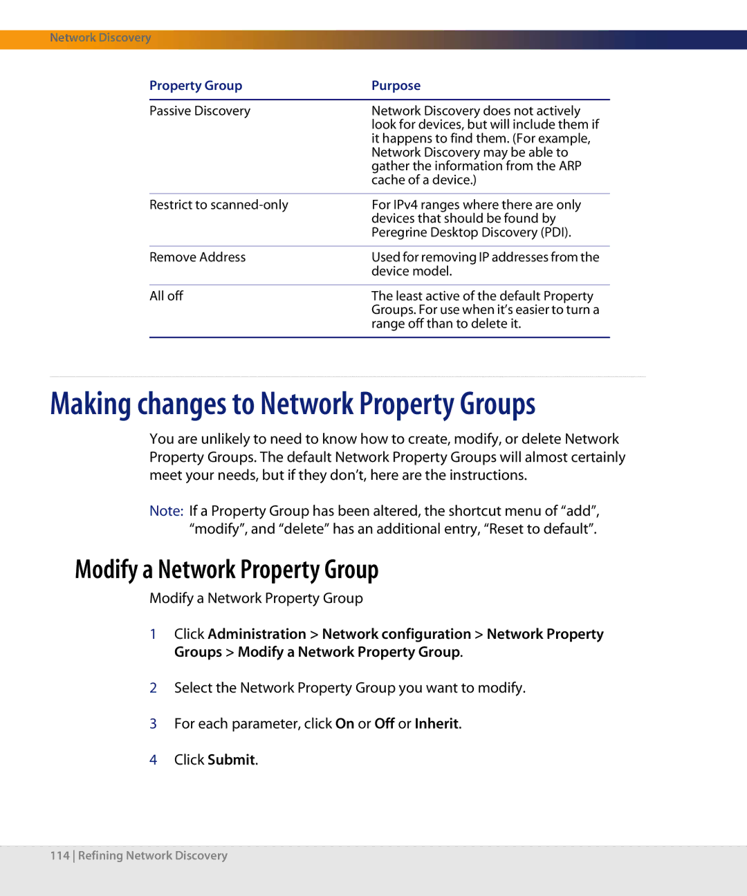 Dell DPND-523-EN12 manual Making changes to Network Property Groups, Modify a Network Property Group 