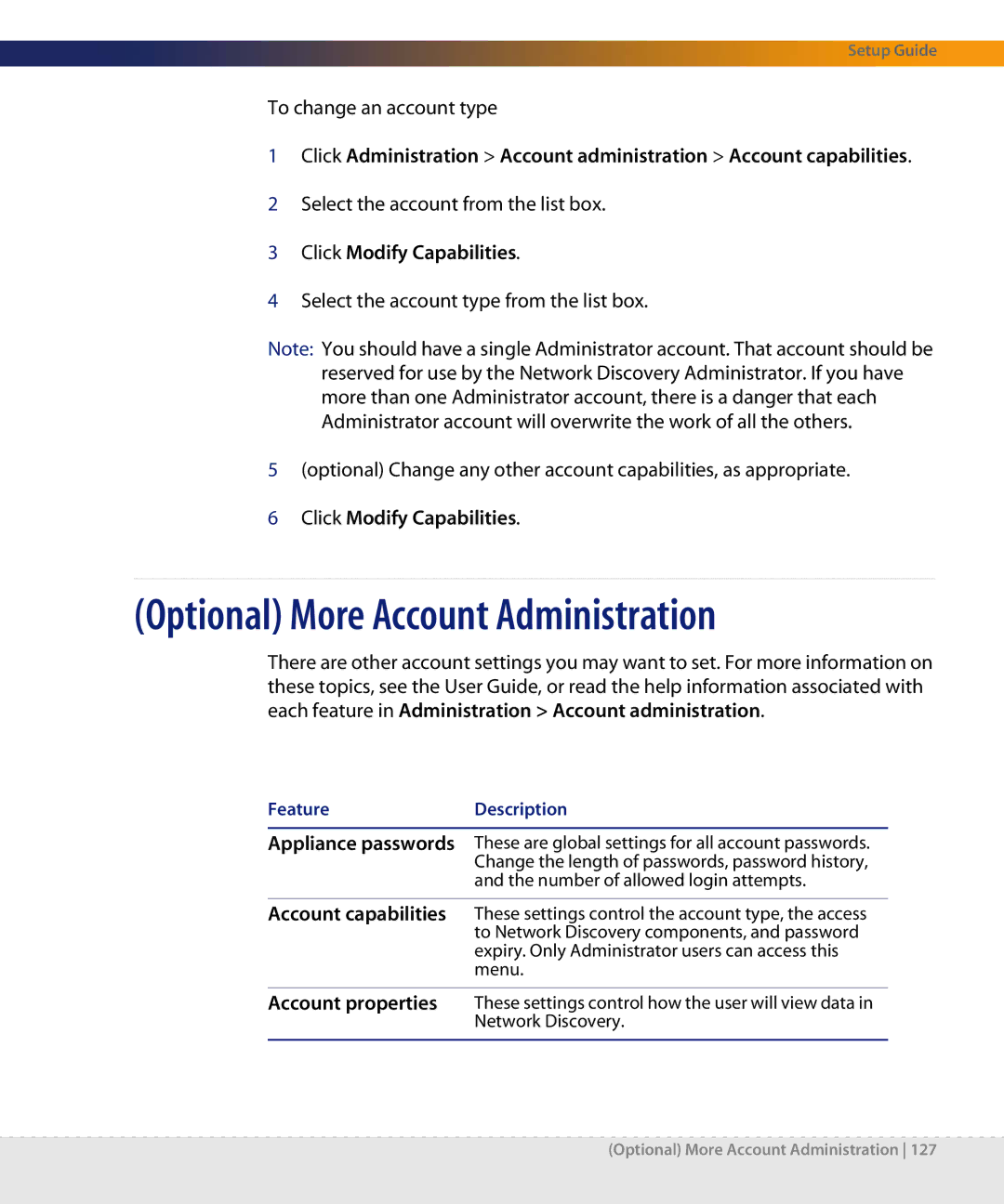 Dell DPND-523-EN12 manual Optional More Account Administration, FeatureDescription 