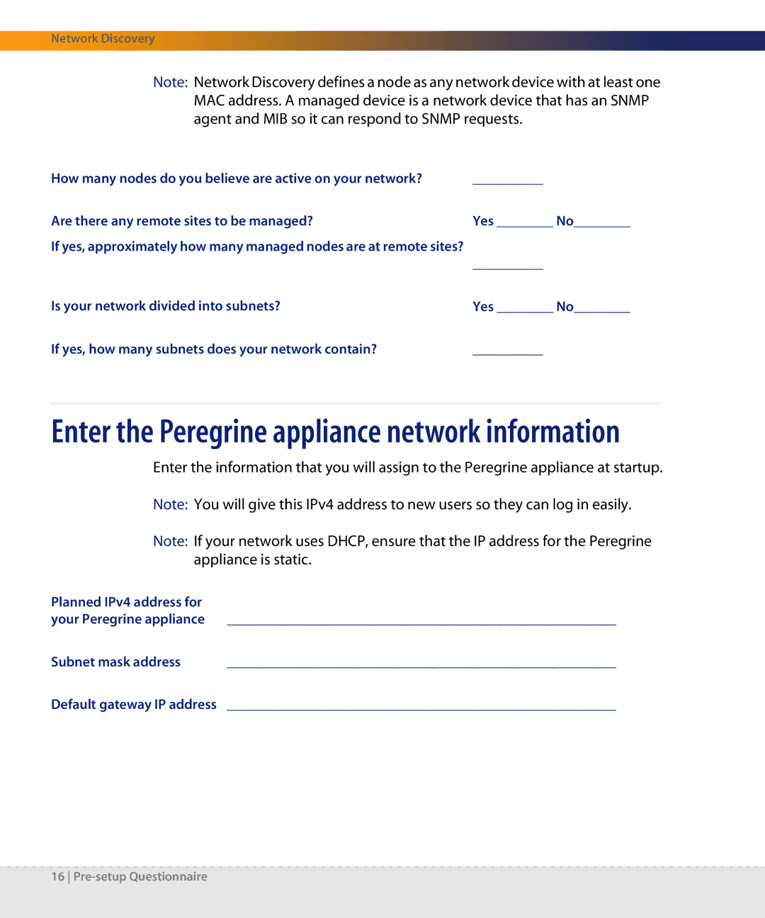 Dell DPND-523-EN12 manual Enter the Peregrine appliance network information 