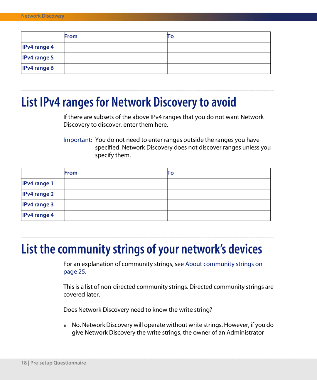 Dell DPND-523-EN12 List IPv4 ranges for Network Discovery to avoid, List the community strings of your network’s devices 