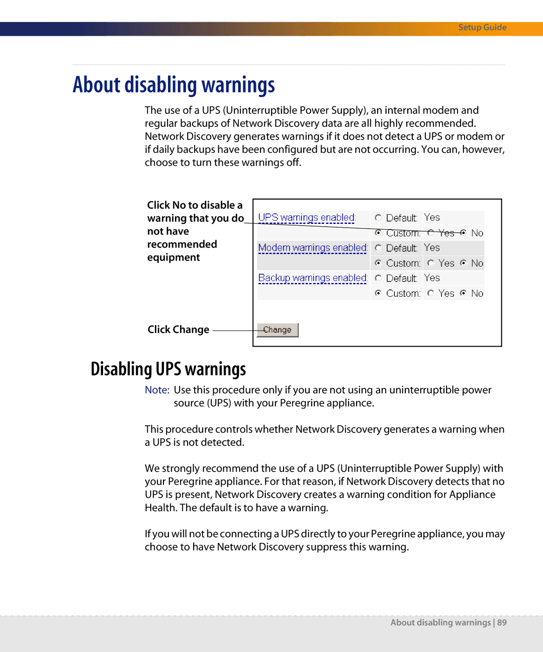 Dell DPND-523-EN12 manual About disabling warnings, Disabling UPS warnings 