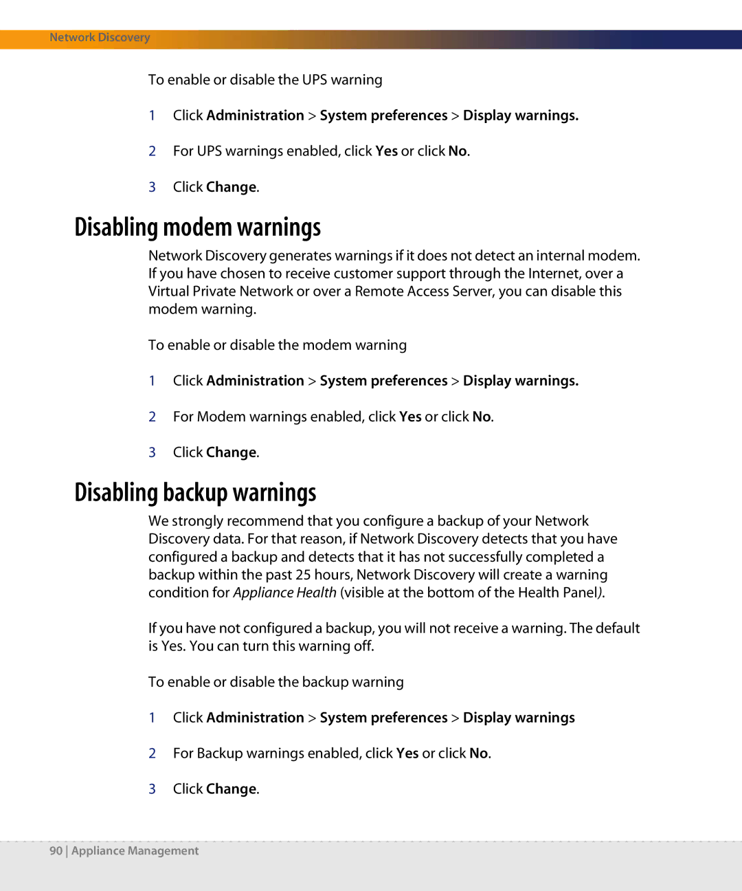 Dell DPND-523-EN12 manual Disabling modem warnings, Disabling backup warnings 