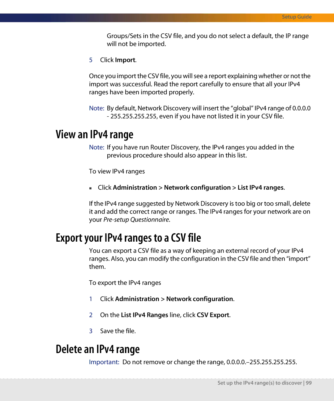 Dell DPND-523-EN12 manual View an IPv4 range, Export your IPv4 ranges to a CSV file, Delete an IPv4 range 