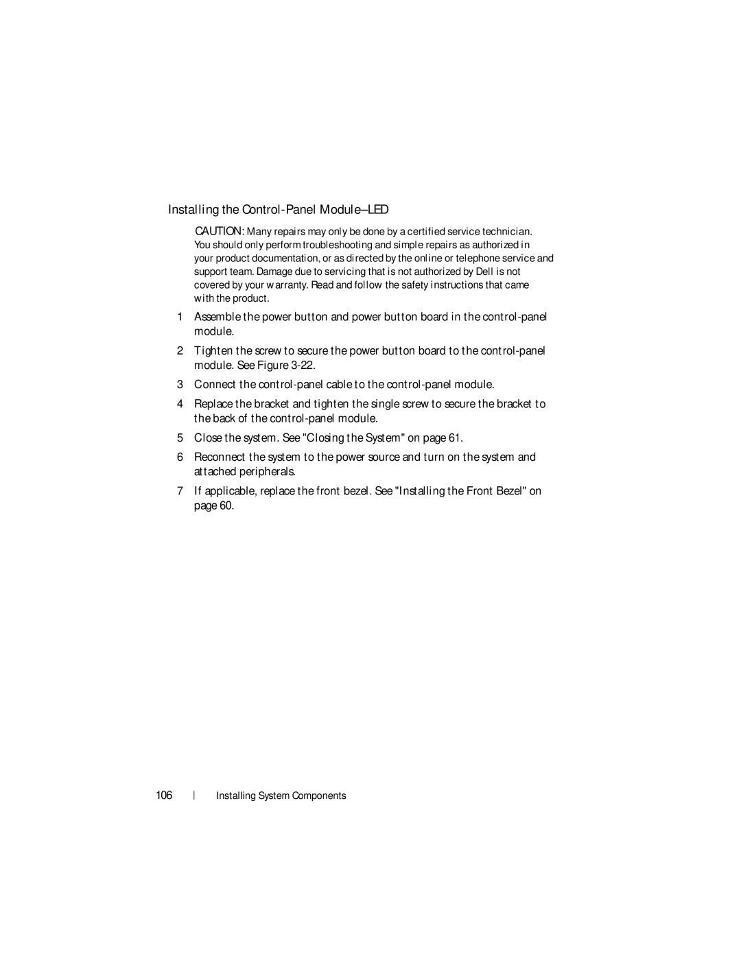 Dell DR4000 owner manual Installing the Control-Panel Module-LED, 106 