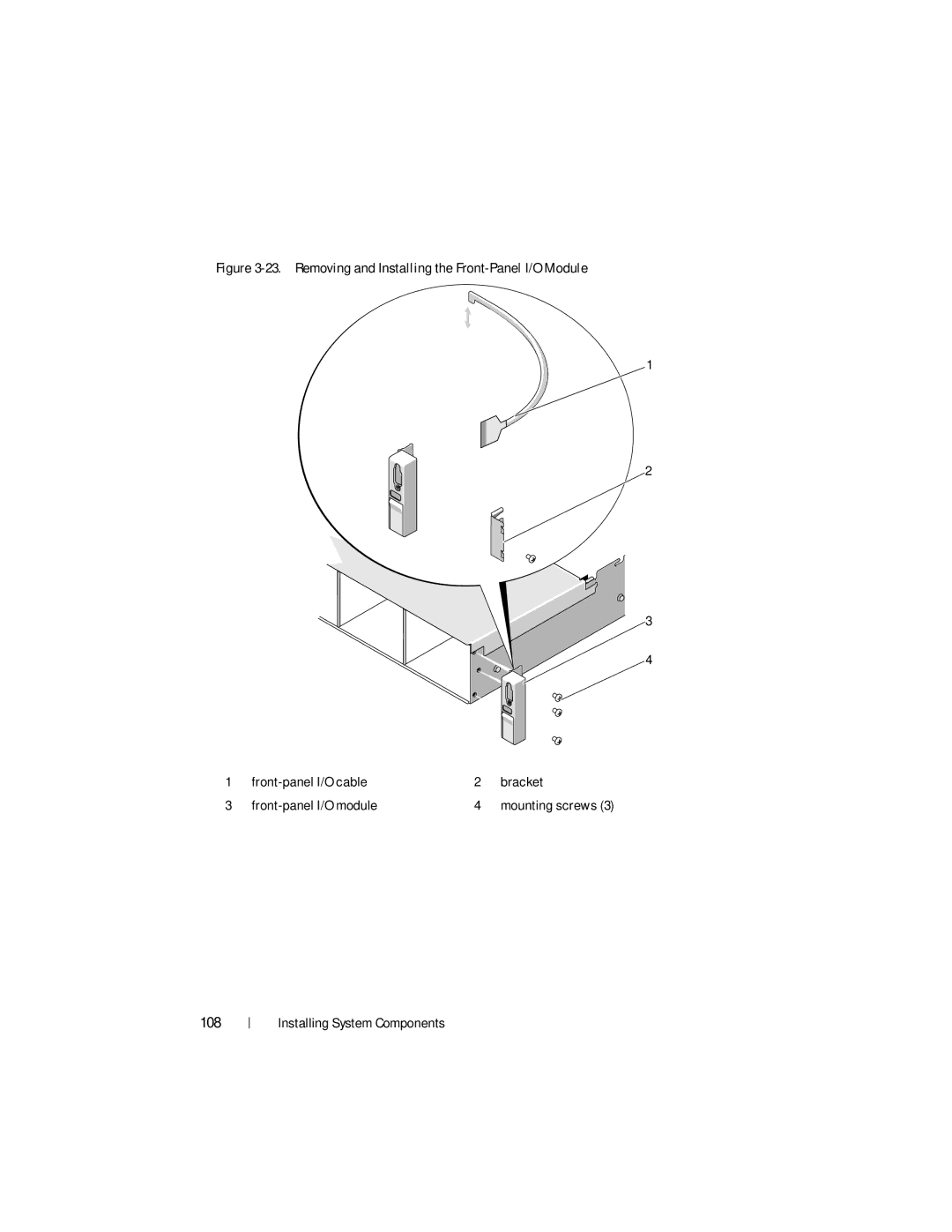 Dell DR4000 owner manual 108, Removing and Installing the Front-Panel I/O Module 