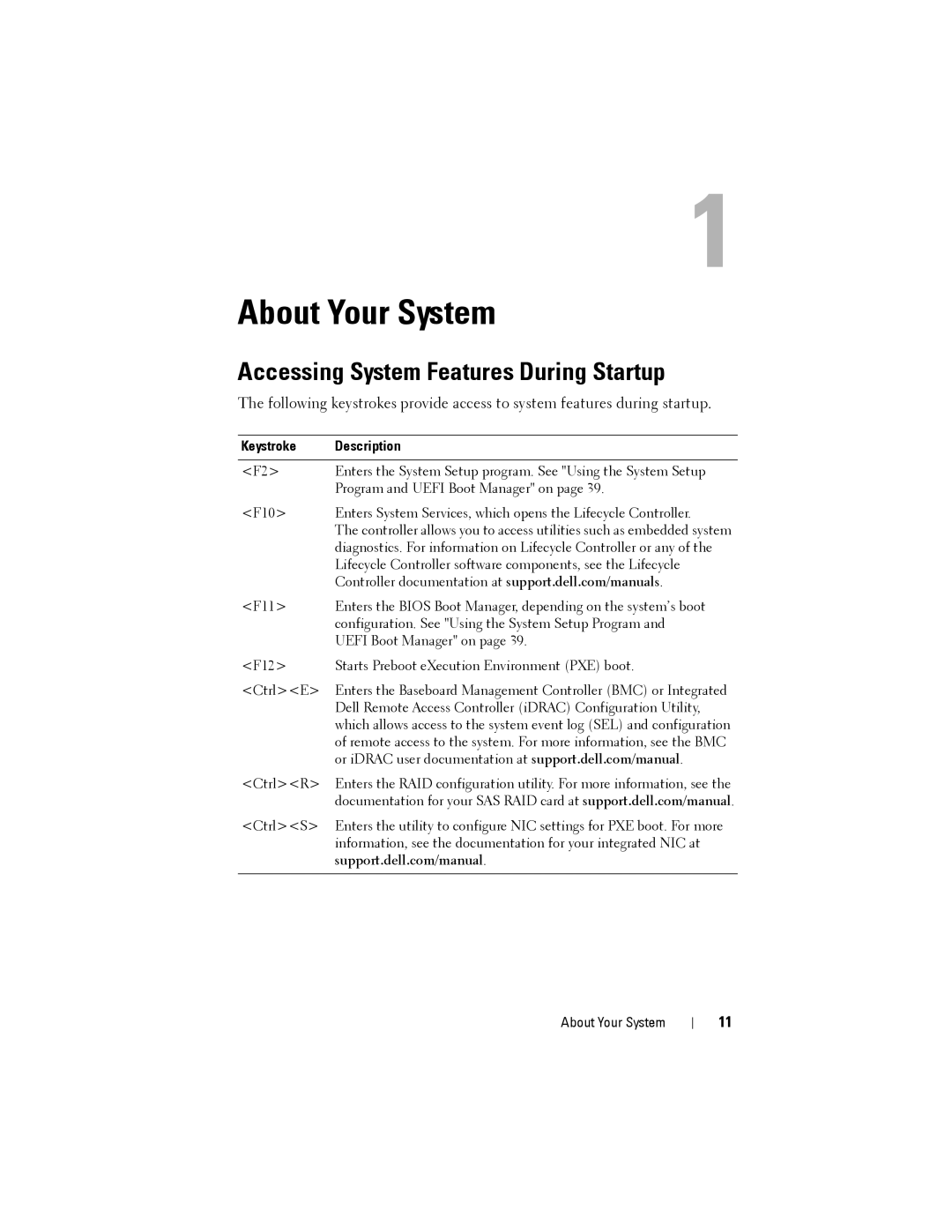 Dell DR4000 owner manual Accessing System Features During Startup, Keystroke Description 