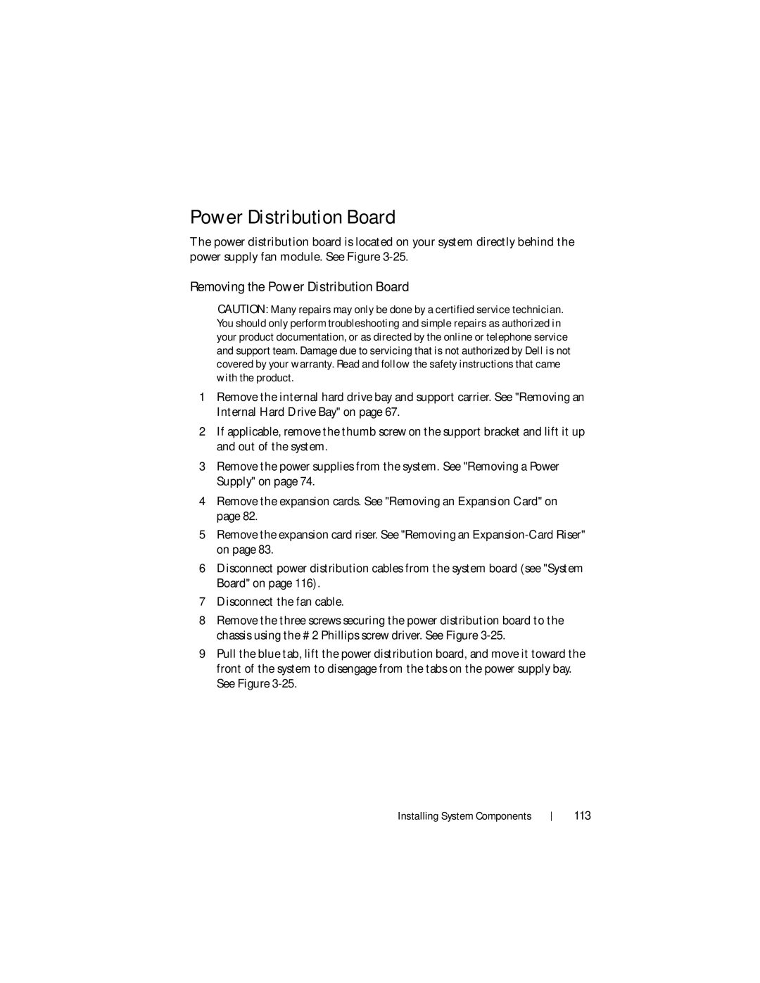 Dell DR4000 owner manual Removing the Power Distribution Board, 113 