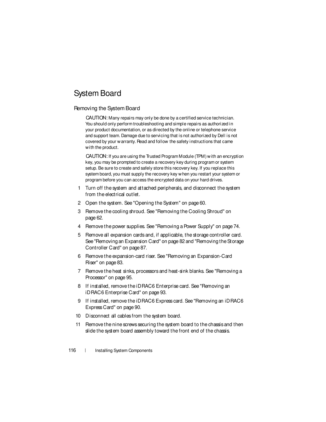 Dell DR4000 owner manual Removing the System Board, 116 