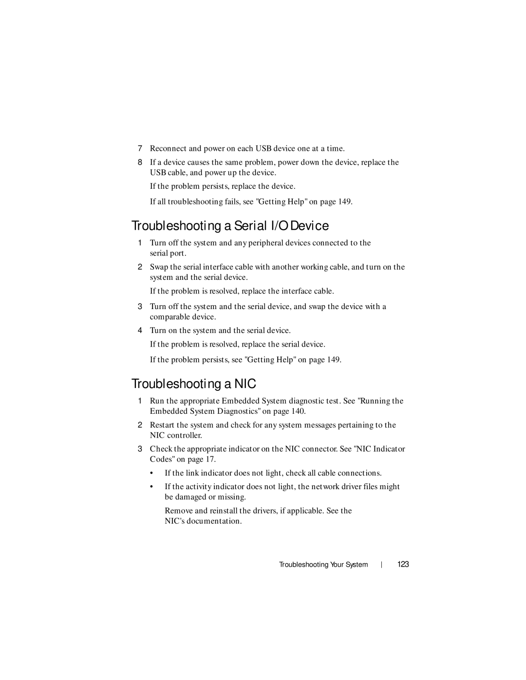 Dell DR4000 owner manual Troubleshooting a Serial I/O Device, Troubleshooting a NIC, 123 