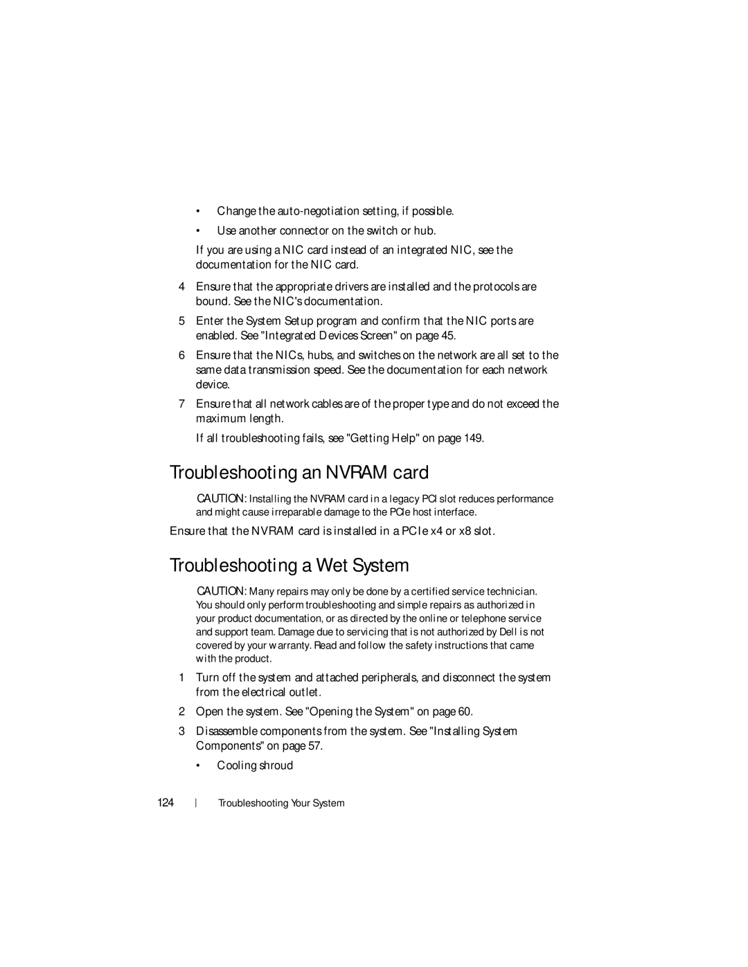 Dell DR4000 owner manual Troubleshooting an Nvram card, Troubleshooting a Wet System, 124 