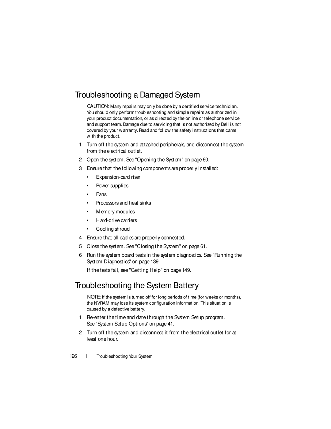 Dell DR4000 owner manual Troubleshooting a Damaged System, Troubleshooting the System Battery, 126 