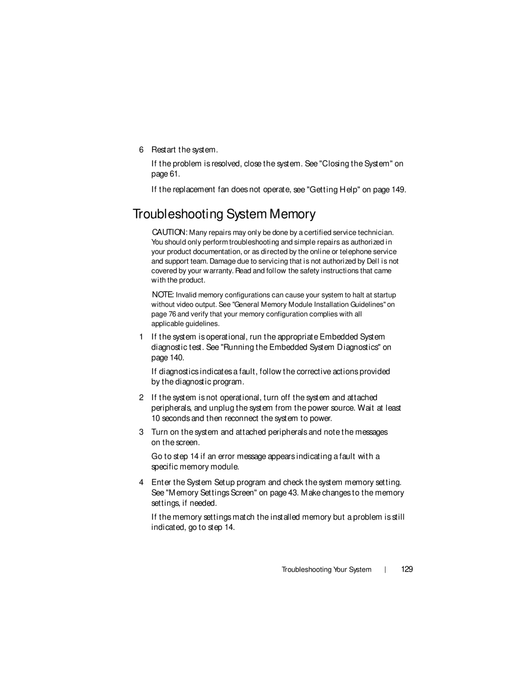 Dell DR4000 owner manual Troubleshooting System Memory, 129 