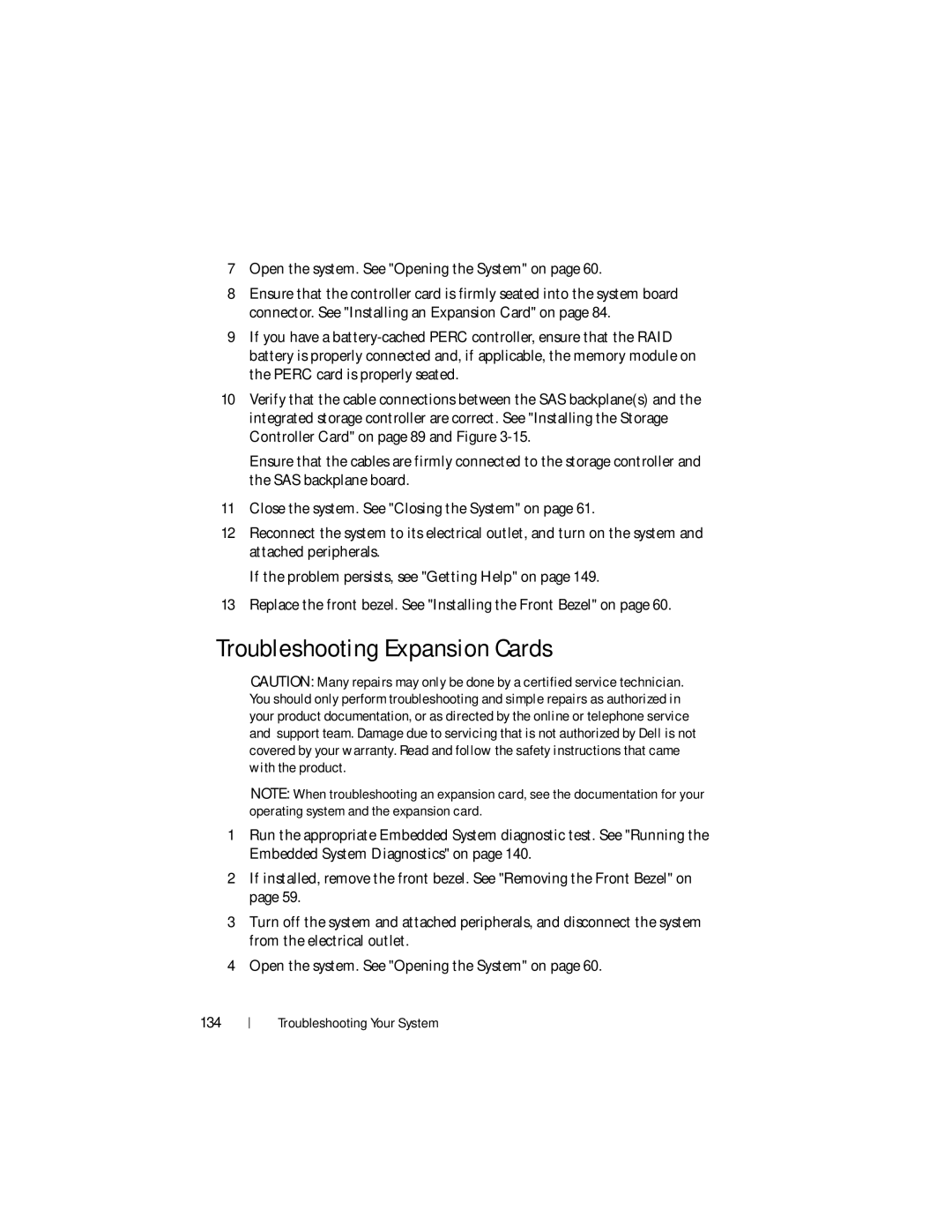 Dell DR4000 owner manual Troubleshooting Expansion Cards, 134 