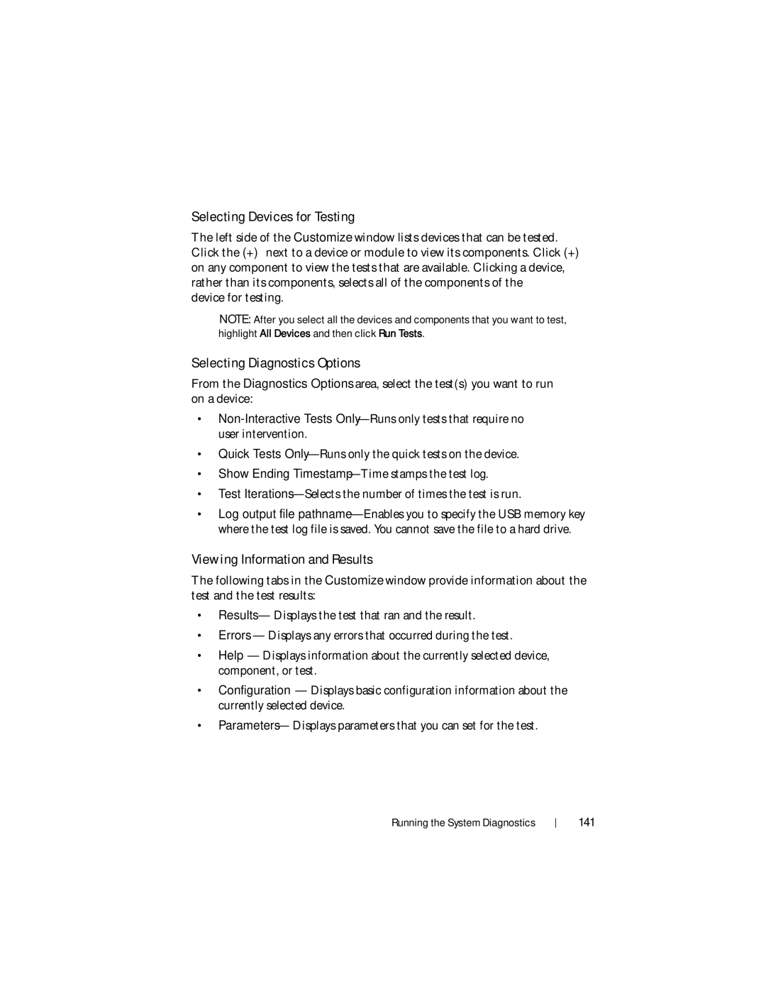 Dell DR4000 owner manual Selecting Devices for Testing, Selecting Diagnostics Options, Viewing Information and Results, 141 