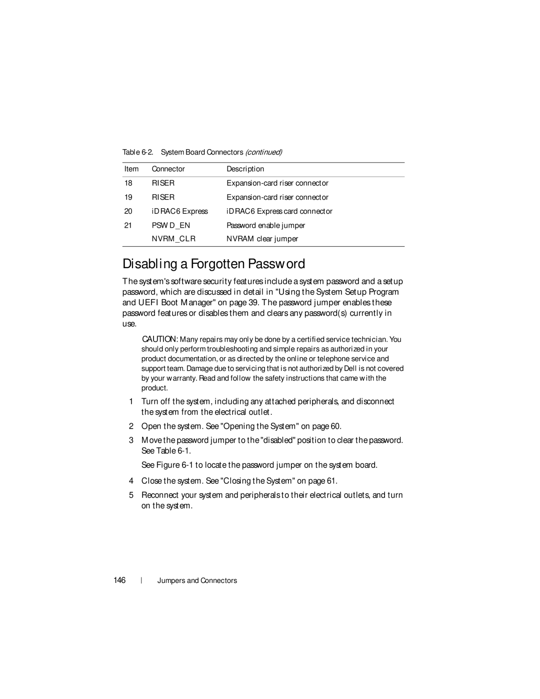 Dell DR4000 owner manual Disabling a Forgotten Password, 146 