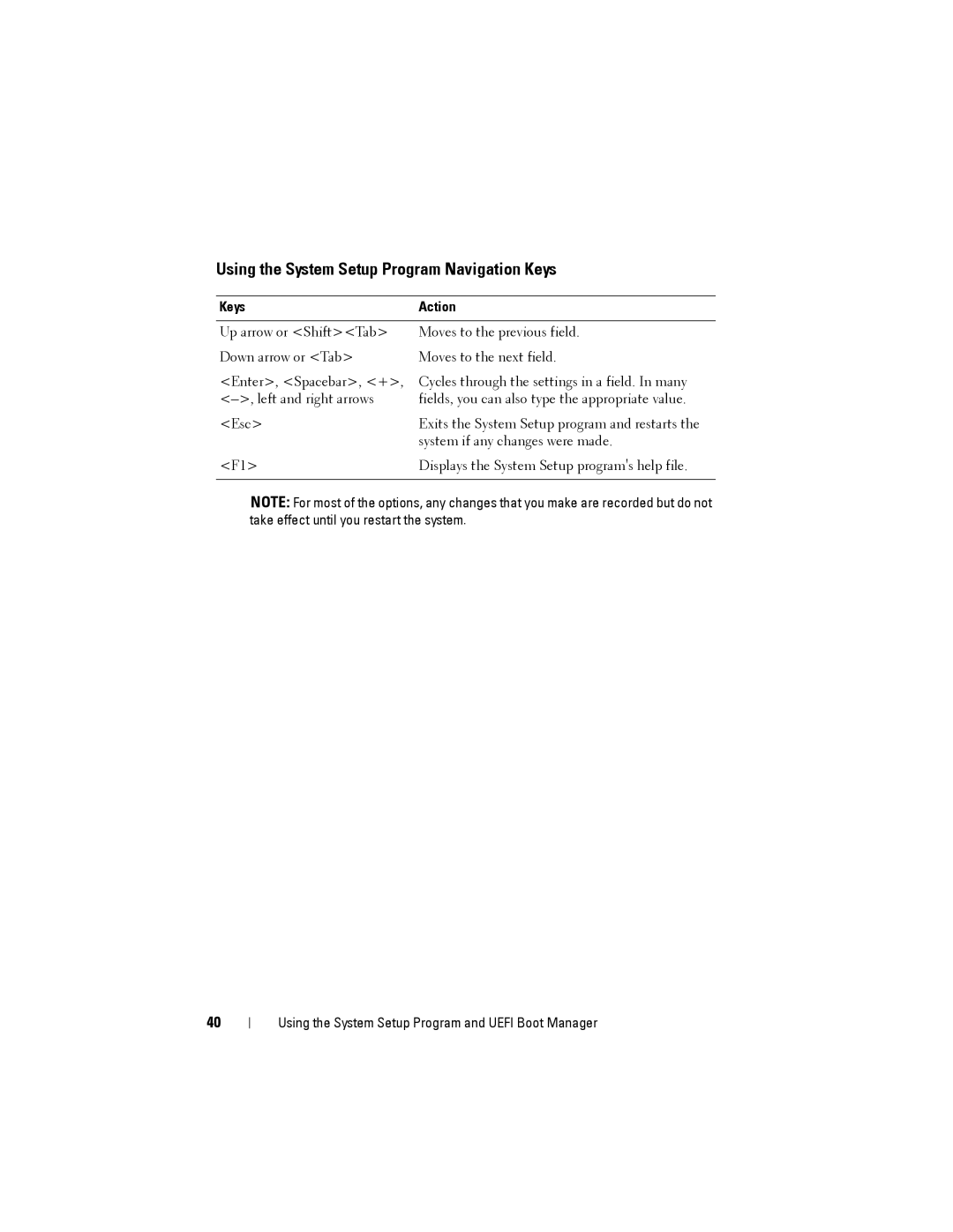 Dell DR4000 owner manual Using the System Setup Program Navigation Keys, Keys Action 